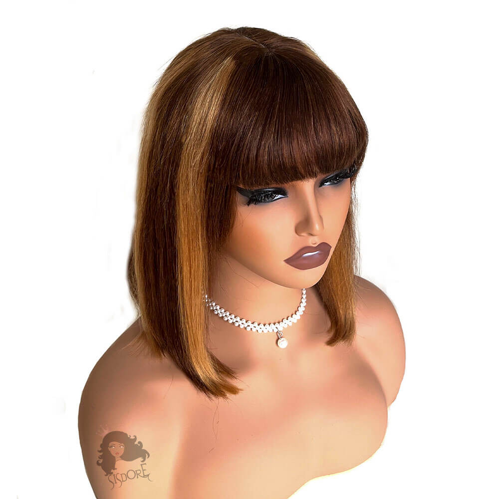 brown with blonde highlights short human hair bob wig with bangs #color_highlight-bob