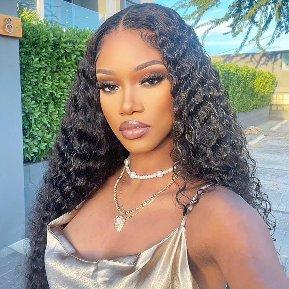 Deep Wave Human Hair Wig Long Black Curly Hair Lace Front Wigs