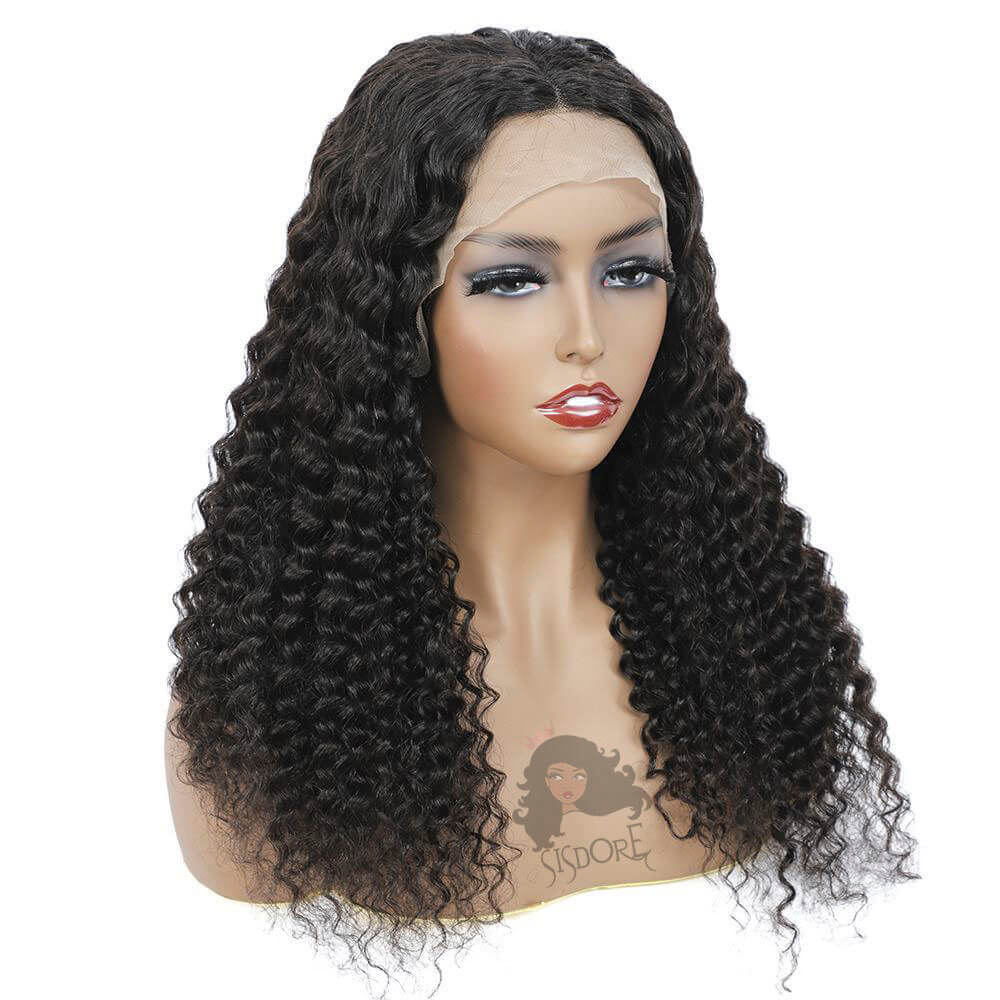 SISDORE Deep Wave Human Hair Wigs, Long Black Curly Brazilian Hair Lace Front Wig