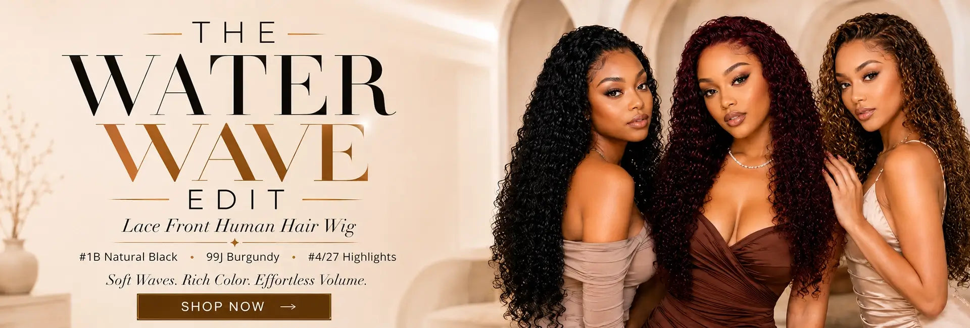 Homepage slideshow featuring three models wearing water wave lace front human hair wigs in #1B Natural Black, 99J Burgundy, and #4/27 Highlights with soft, defined waves and stylish beauty looks.