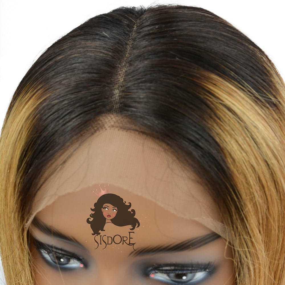Straight 1B/27 Honey Blonde With Dark Roots Short Bob Style Lace Front Wig top detailed 