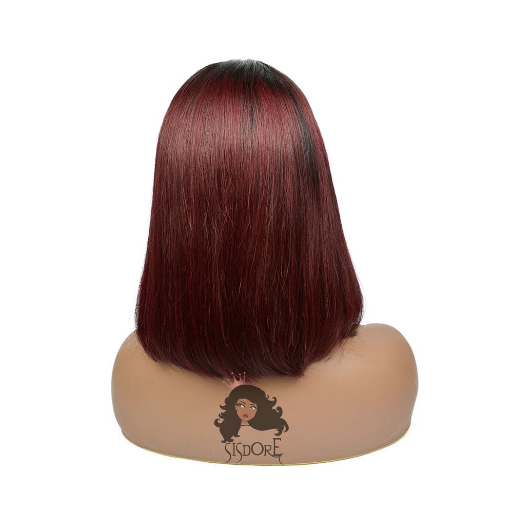 1b 99j wine color dark burgundy straight human hair shot bob lace front wig 12 inch back