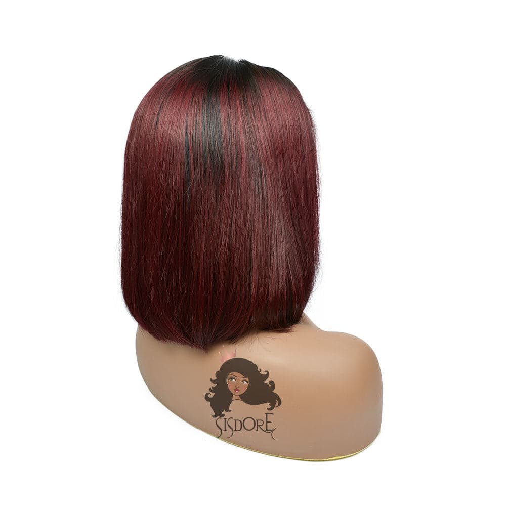 1b 99j wine color dark burgundy straight human hair shot bob lace front wig  12 inch 