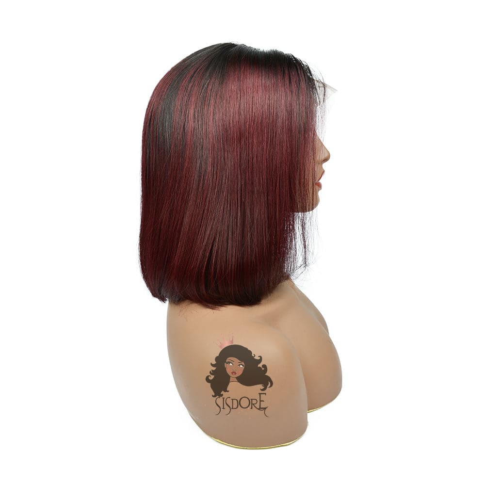 1b 99j wine color dark burgundy straight human hair shot bob lace front wig  12 inch 