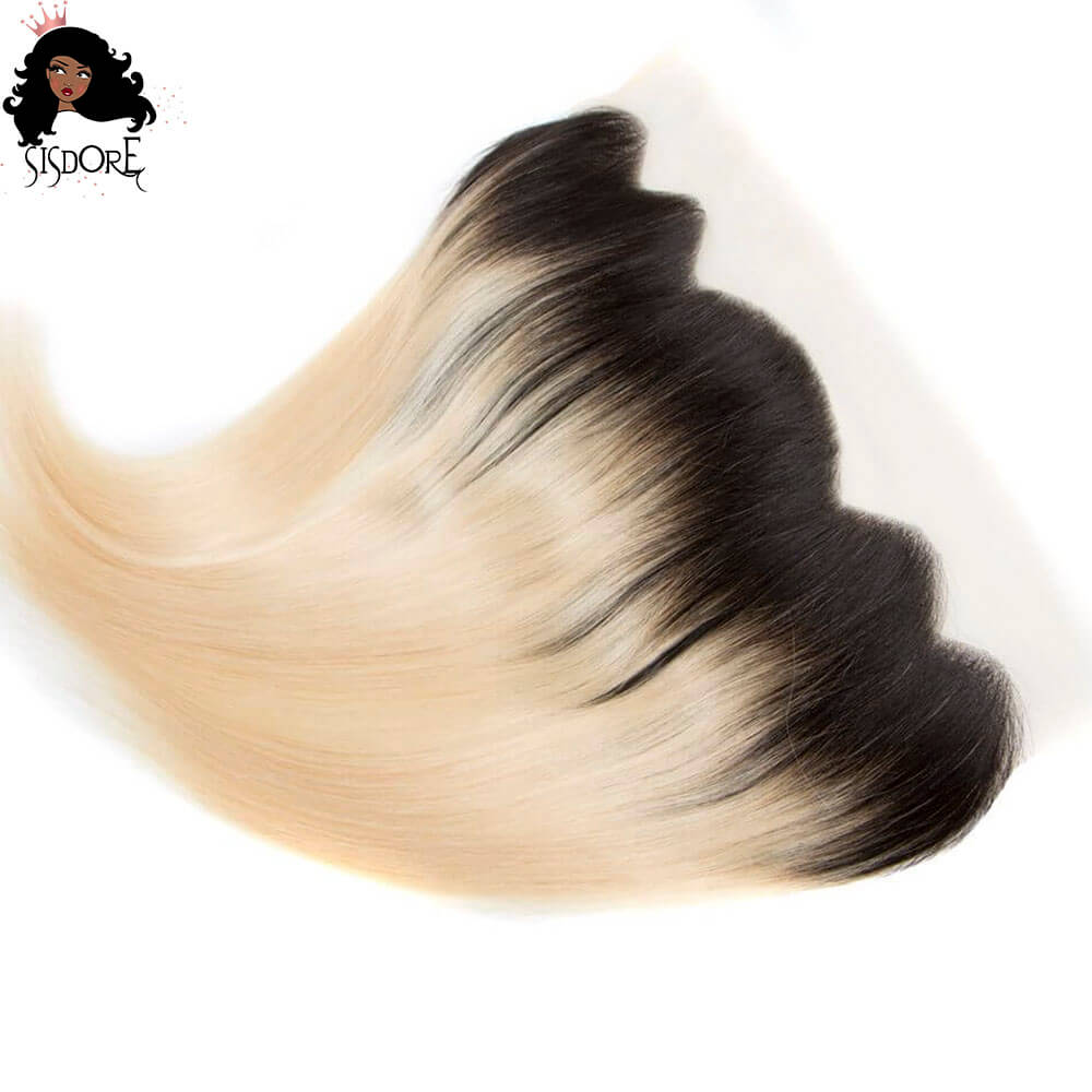 Platinum Blonde Straight Hair Bundles With 13x4 HD Lace Frontal Black Roots Ombre
