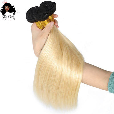 Platinum Blonde Straight Hair Bundles With 13x4 HD Lace Frontal Black Roots Ombre