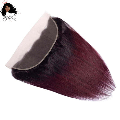 Burgundy straight human hair HD lace frontal, T1B/99J with black roots