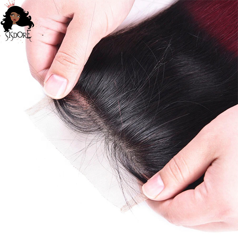 Burgundy straight hair 4x4 lace closure 1b/99j dark wine color with black roots