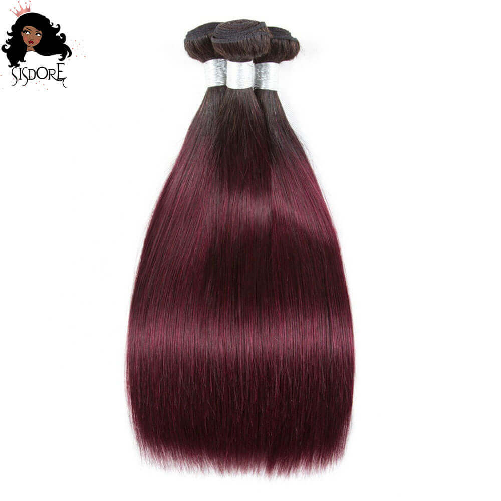 Burgundy straight human hair bundles T1B/99J with black roots