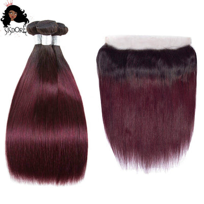 Burgundy straight human hair bundles with HD lace frontal, T1B/99J with black roots