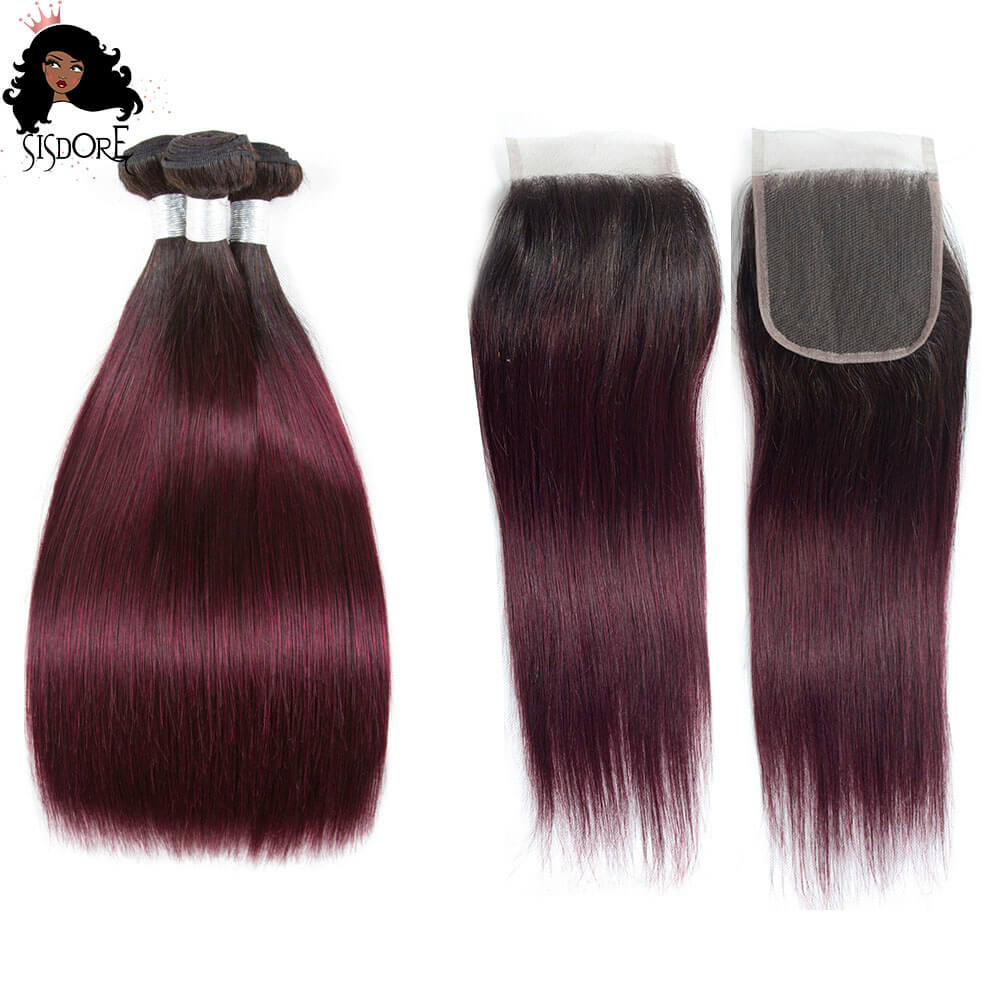 Burgundy straight hair bundles with closure 1b/99j dark wine color with black roots
