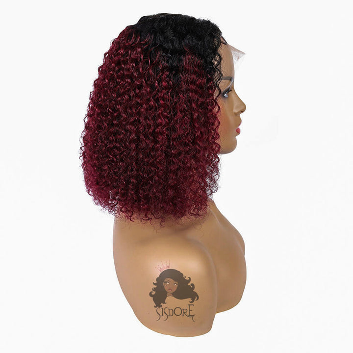 Short Burgundy Curly Hair Bob Wig With Black Roots 1B/99J