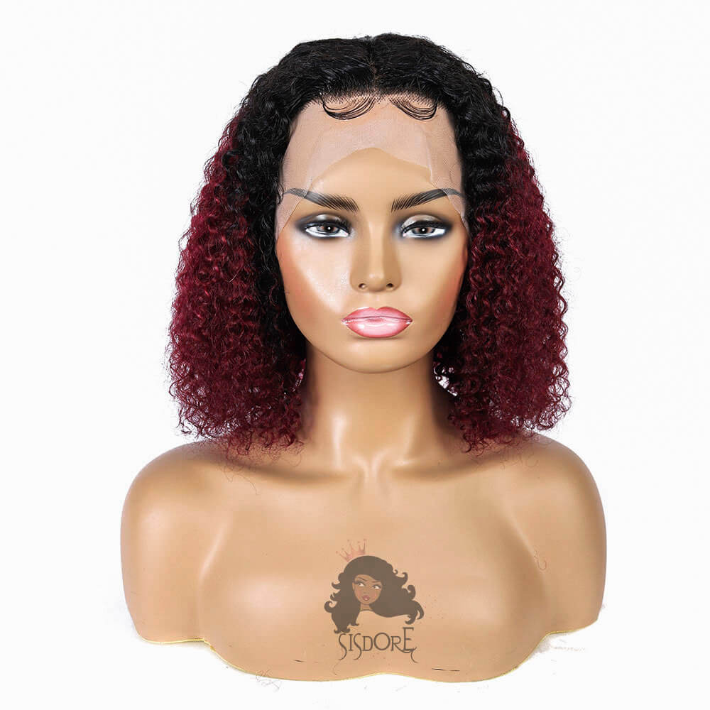 Short Burgundy Curly Hair Bob Wig With Black Roots 1B/99J