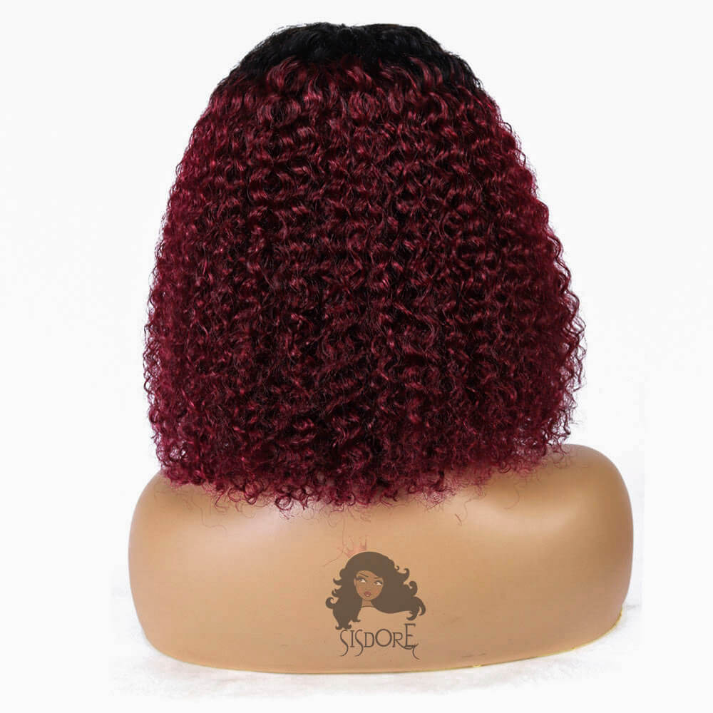 Short Burgundy Curly Hair Bob Wig With Black Roots 1B/99J