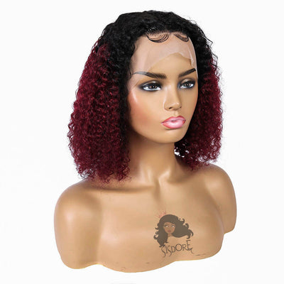 Short Burgundy Curly Hair Bob Wig With Black Roots 1B/99J