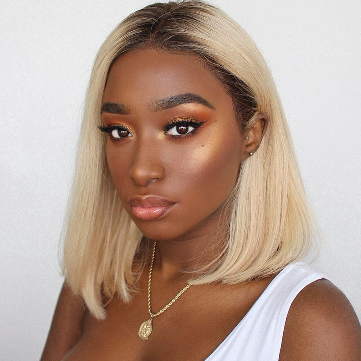 1B 613 Blonde Straight Human Hair With Dark Roots Short Bob Lace Wigs