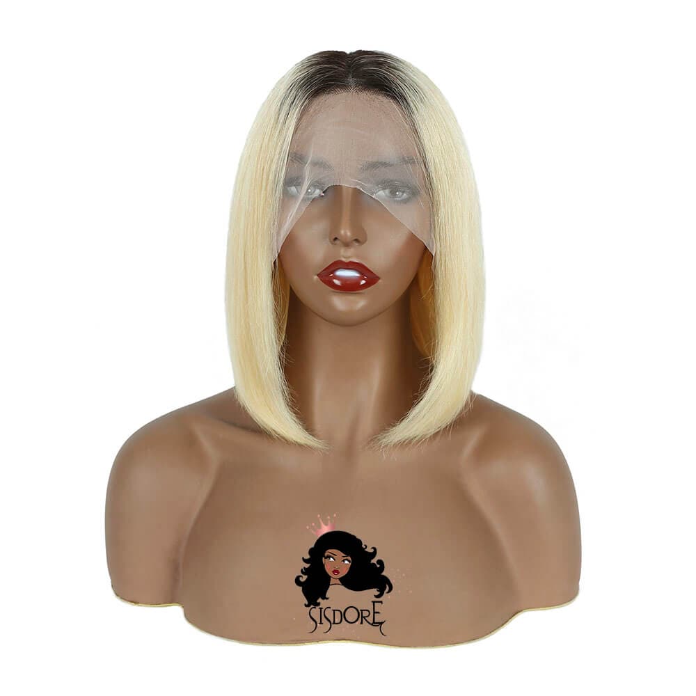 1B 613 Blonde Straight Human Hair With Dark Roots Short Bob Lace Wigs