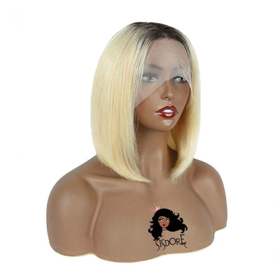 1B 613 Blonde Straight Human Hair With Dark Roots Short Bob Lace Wigs