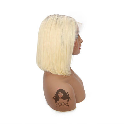 1B 613 Blonde Straight Human Hair With Dark Roots Short Bob Lace Wigs