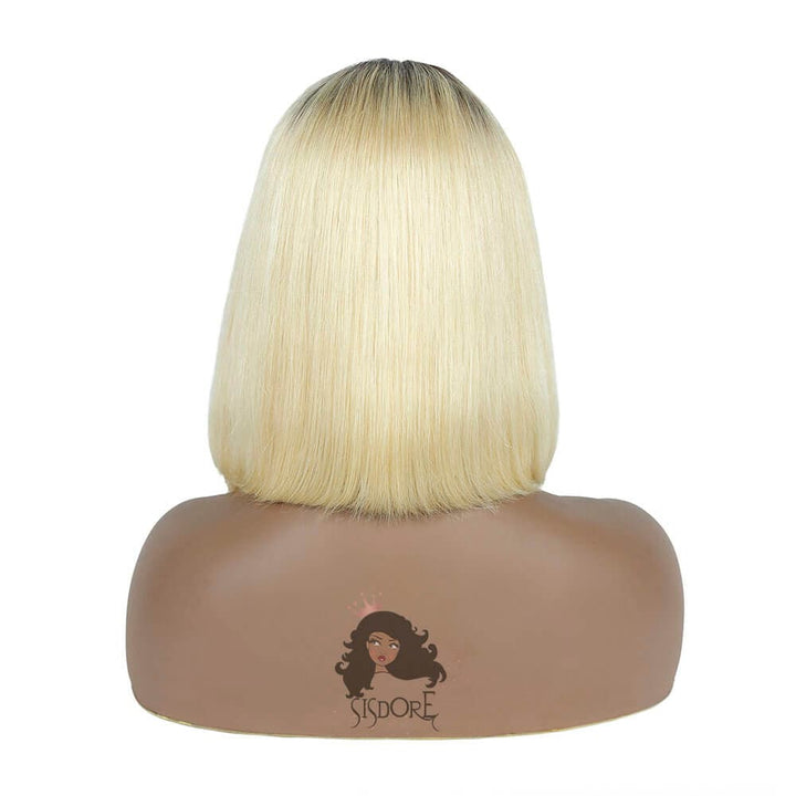 1B 613 Blonde Straight Human Hair With Dark Roots Short Bob Lace Wigs