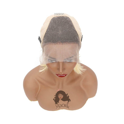 1B 613 Blonde Straight Human Hair With Dark Roots Short Bob Lace Wigs