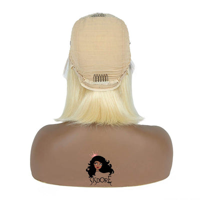 1B 613 Blonde Straight Human Hair With Dark Roots Short Bob Lace Wigs