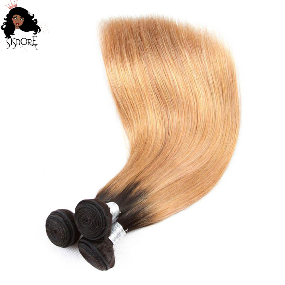 1B 27 Strawberry blonde with black roots straight human hair weaves 3 bundles 