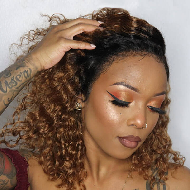1B/30 Bob Wig – Short Ombre Auburn Curly Hair Lace Front Wig with Black Roots