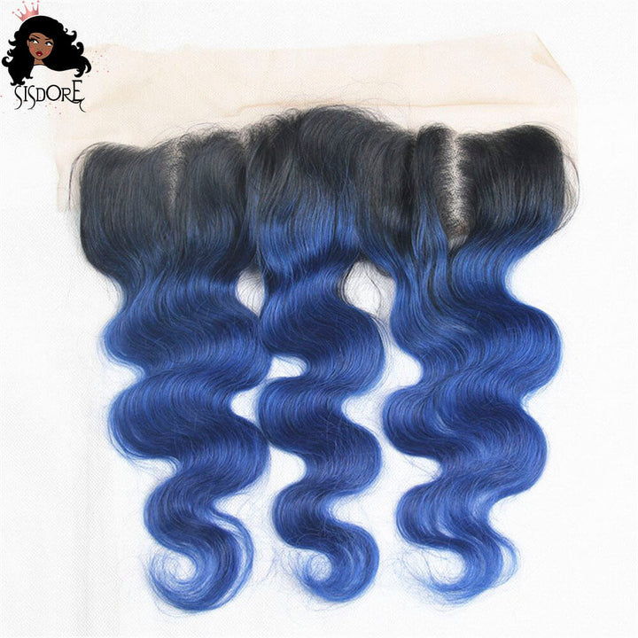 1B Blue Ombre Body Wave Hair 13x4 Transparent Lace Frontal
