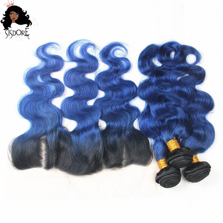 1B Blue Ombre Human Hair Bundles with Frontal - Two Tone