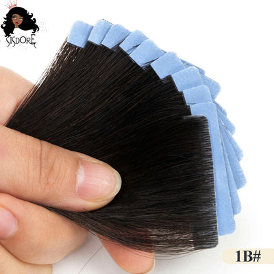 1b natural black hand-tied invisible tape in straight human hair extensions