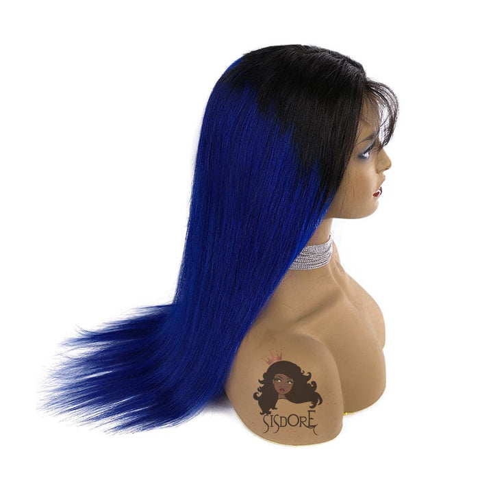 Bright Blue Human Hair Lace Closure Wigs With Black Roots