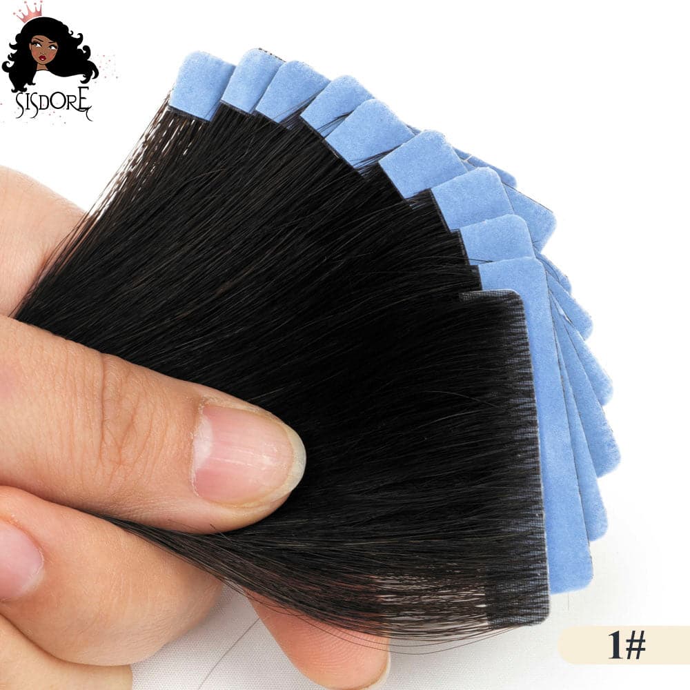 jet black #1 straight hand-tied invisible tape in straight human hair extensions