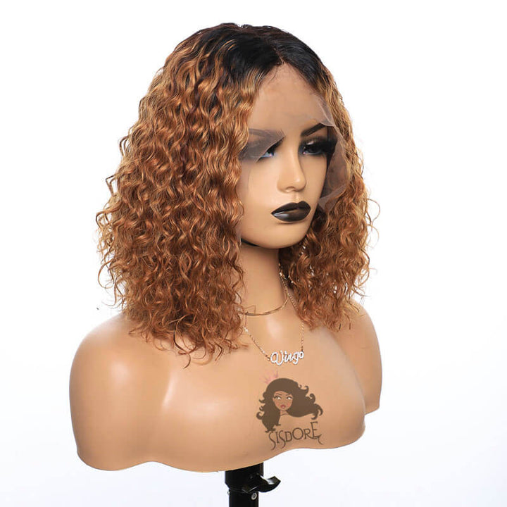 short curly brown hair bob lace front wig with black roots T1b/30