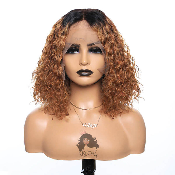 short curly brown hair bob lace front wig with black roots T1b/30