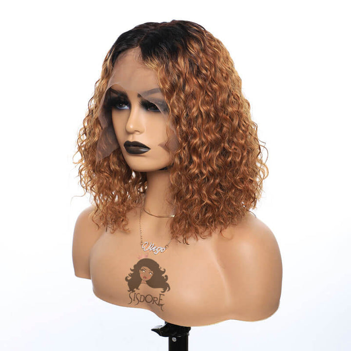 short curly brown hair bob lace front wig with black roots T1b/30