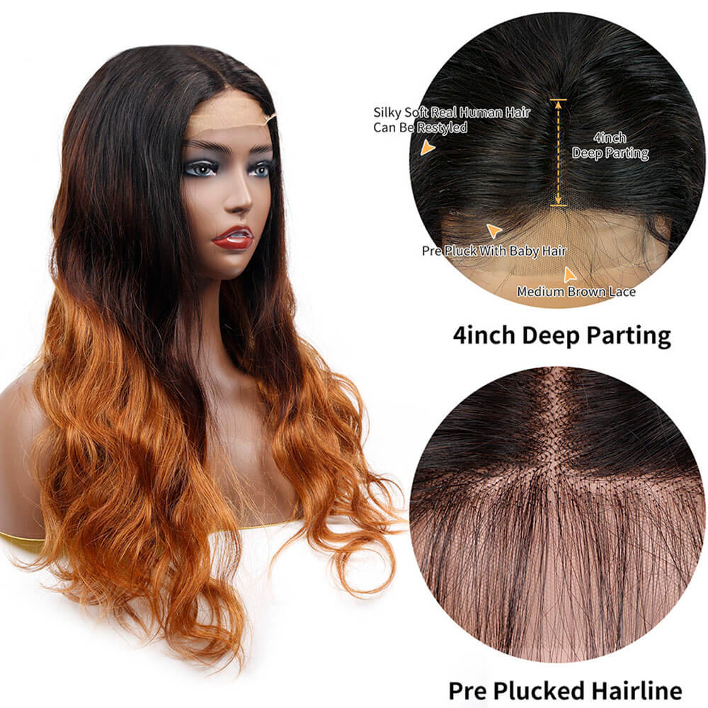 Ombre Color 3-Tone 1B 4 30 Body Wave 4x4 Lace Closure Wig Pre-plucked Hairline