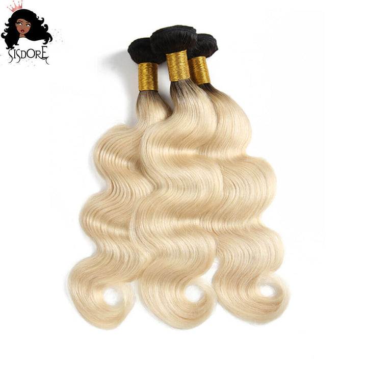 Blonde Body Wave Human Hair Weaves 3 Bundles With Black Roots 1B/613 