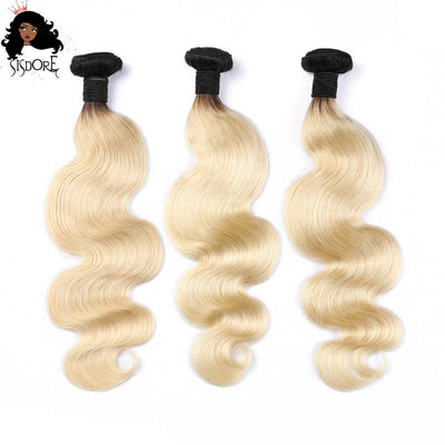 Blonde Body Wave Human Hair Weaves 3 Bundles With Black Roots 1B/613 