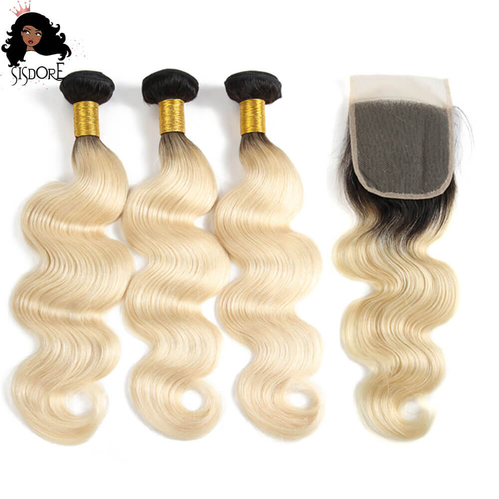Blonde Body Wave Bundles With 4x4 HD Lace Closure T1B/613 Black Roots