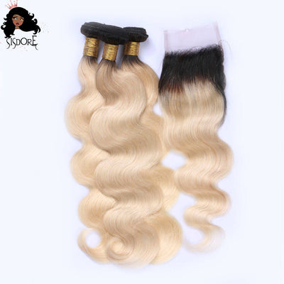 Blonde Body Wave Bundles With 4x4 HD Lace Closure T1B/613 Black Roots