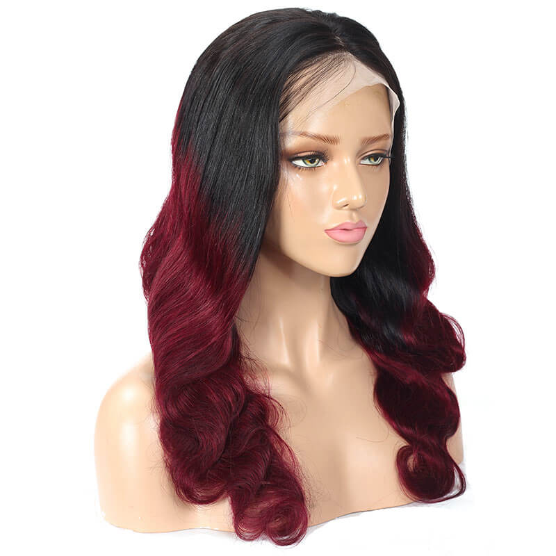 burgundy hair with black roots body wave lace front wig 1b/99j