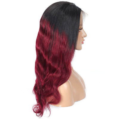 burgundy hair with black roots body wave lace front wig 1b/99j