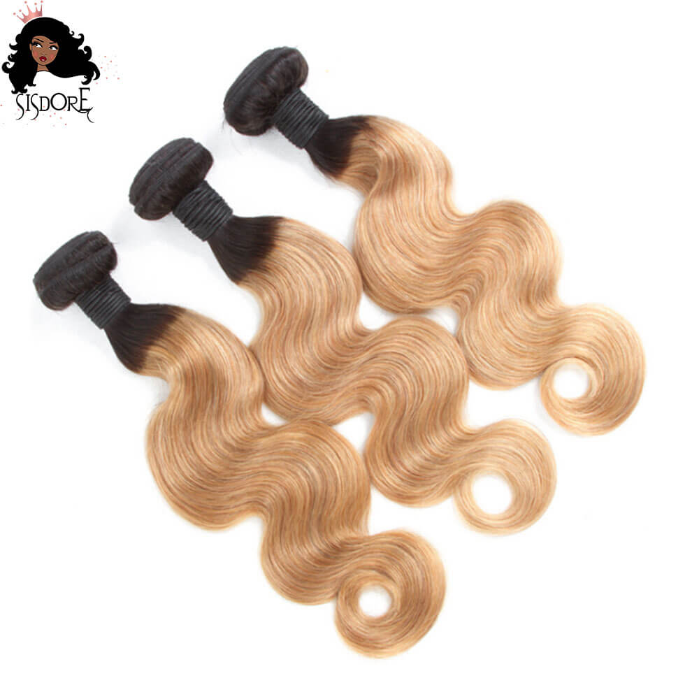 1b 27 two tone strawberry blonde with black roots body wave human hair weaves 3 bundles