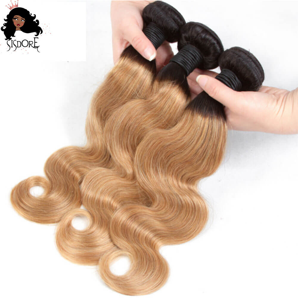 1b 27 two tone strawberry blonde with black roots body wave human hair weaves 3 bundles
