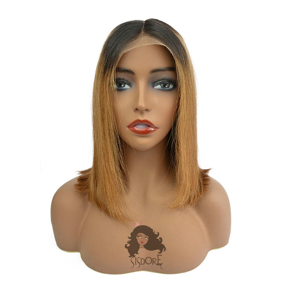 1b 30 straight auburn human hair with black roots short bob lace front wig  12 inch