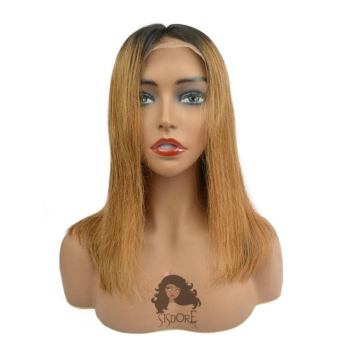 1b 30 straight auburn human hair with black roots short bob lace front wig  14 inch