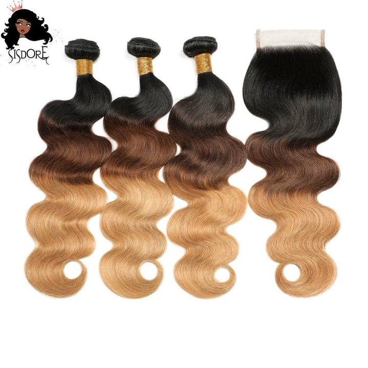 T1B/4/27 Body Wave Human Hair Bundles With 4x4 Lace Closure
