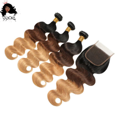 T1B/4/27 Body Wave Human Hair Weaves 3 Bundles With Closure