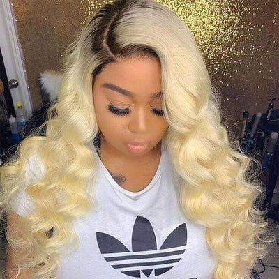 1b 613 bleach blonde ombre body wave virgin human hair wigs with black roots